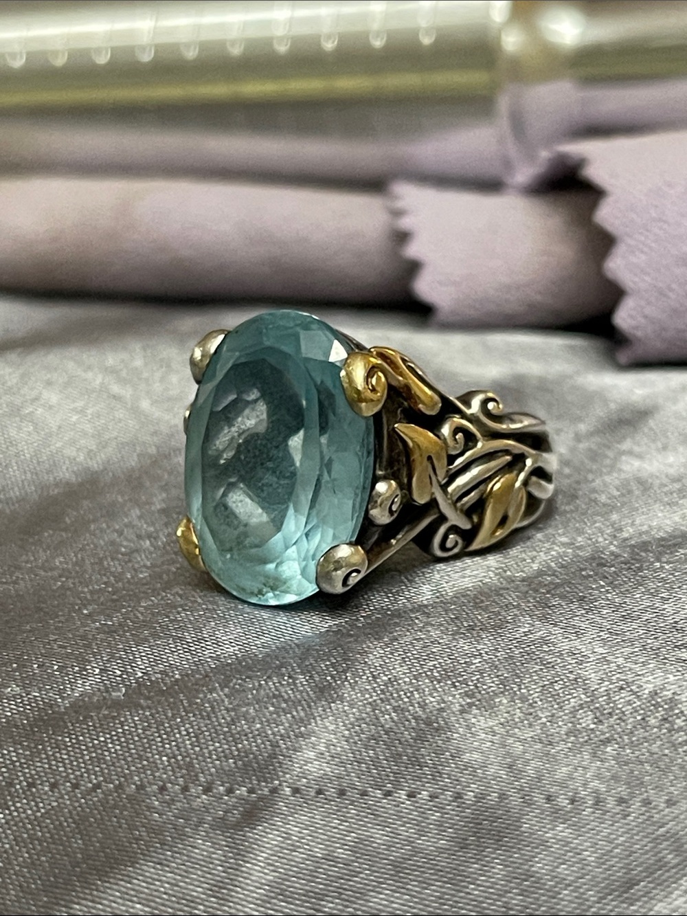 💍 Blue Topaz Gold & Silver Vine/Leaves design Size 6 Ring 💍 Barbara Bixby QVC